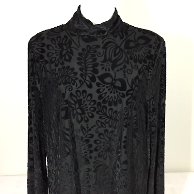 #ad Soft Surroundings 1X Top Black Velvet Damask Long Sleeve Rhinestone Cuff Buttons $28.00