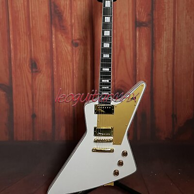 #ad White Explorer Electric Guitar Solid Black Fretboard Gold Hardward HH Pickups $268.17