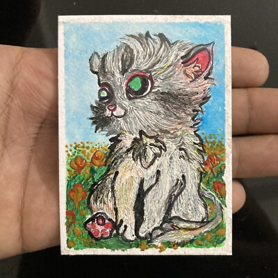 #ad ACEO Original Contemporary Art Card Acrylic Painting Lovely Kitty quot;Innocent Catquot; $9.90
