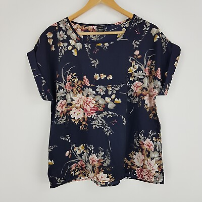 #ad Shein Womens Size L 14 Navy Blue Floral Cuff Sleeve Chiffon Floral Loose Blouse AU $17.00