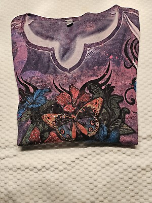 #ad Purple Butterfly 2X Blouse Top Embellished V Neck 3 4 Sleeves Essentials $14.95