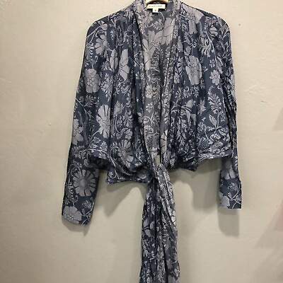 #ad jill stuart womens 100% silk top 0 wrap style blue white floral stitching s18 $16.92