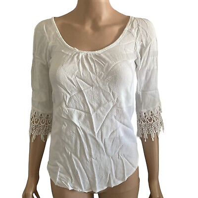 #ad Lucy Love Blouse Womens XS White Crochet Lace Sleeve Lightweight $16.00