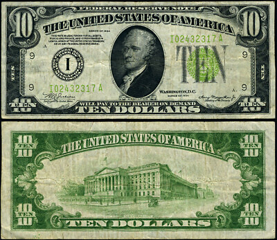 #ad FR. 2004 I $10 1934 Federal Reserve Bank Note Minneapolis I A Block VF Lgt Green $33.00