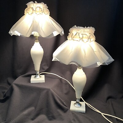 #ad Pair Vintage 20quot; White Glass Diamond Pattern Boudoir Night Table Lamps w Shades $65.00