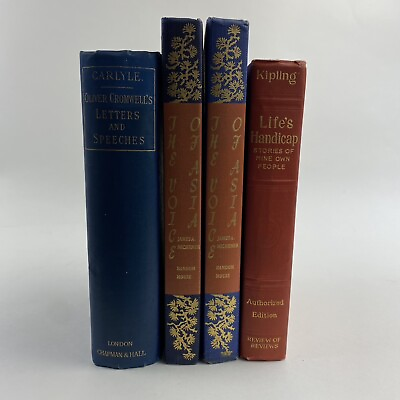#ad Lot Of 4 Antique Vintage Books Lot Blue Red Gold Prop Shelf Decor Stack $26.22