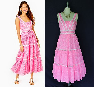 #ad #ad Lilly Pulitzer POLLIE Midi Dress Pink Shandy Invest a Gator Peasant tiered $268 $149.00
