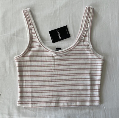 #ad NEW Forever 21 Knit Striped Crop Tank Top White Pink Scoop Neck $9.49