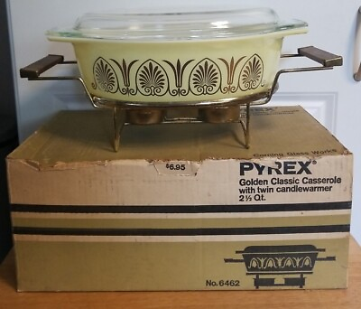 #ad Vintage Pyrex Golden Classic 2 1 2 Quart Casserole Twin Candle Warmer Lid Box $99.99