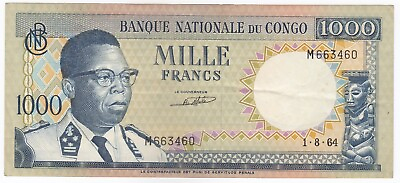 #ad Congo Dem. Rep. 1000 Francs 1964 P8a XF***********Scarce $39.02