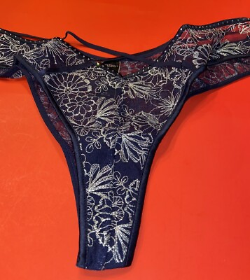#ad NEW Victorias Secret Navy Blue Thong Panties W Silver Metallic Large $27.20