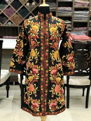 #ad Black Long Coat with Multi Colour Kashmiri Floral Embroidery $220.00