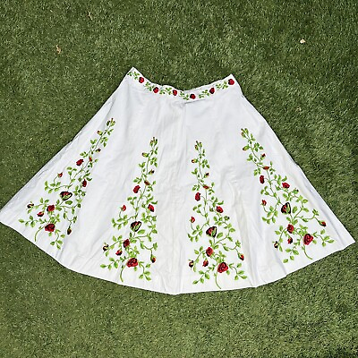 #ad Anthropologie Elevenses Vintage Embroidered Red Flowers A Line White Skirt 14 $30.56