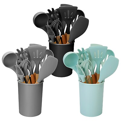 #ad 11Pcs Silicone Cooking Utensil Heat Resist Wooden Handle Silicone Kitchenware $26.78