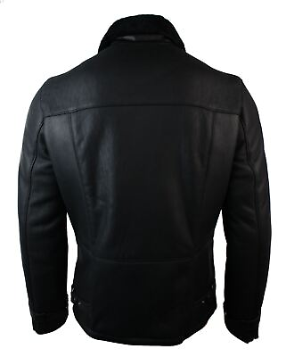 #ad Mens Winter Real Sheepskin Black Mid Length Fitted Designer Jacket Cross Zip GBP 489.49