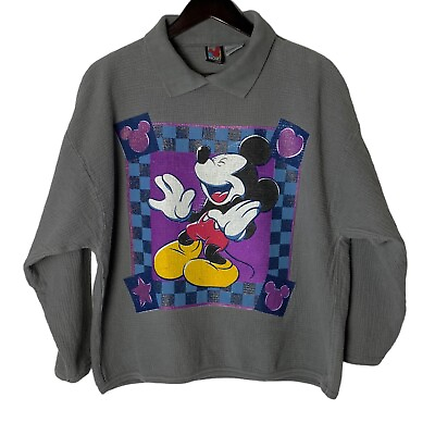 #ad Vtg Disney Mickey Unlimited Sweatshirt Top XL Boxy Gray Pullover Collar Glitter $16.00