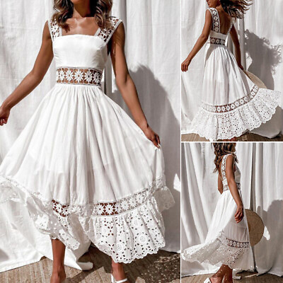 #ad #ad Women Ladies Boho Lace Maxi Dress Summer Casual Holiday Beach Long Sundress US * $22.16
