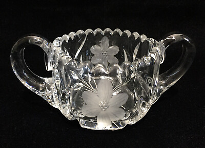 #ad Vintage Heavy Lead Crystal Sugar Bowl Frosted Carved Floral Design 2 Handles $14.99