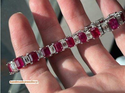 #ad 9CT Emerald Cut Red Ruby Lab Created Tennis Bracelet 14K White Gold Finish $375.90