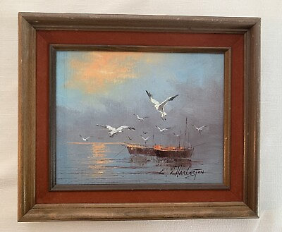 #ad Original Oil Painting Ocean Seagulls Artist Signed Framed amp; Matted Velvet $198.00