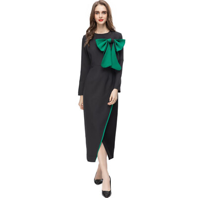 #ad Womens Crew Neck Bow Tie Long Sleeved Sexy Slit Wrapped Pencil Mid Length Dress $113.65