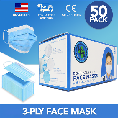 #ad 3 Ply Face Mask 50 PCS Disposable Breathable Hypoallergenic Hygienic Blue $9.45