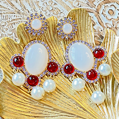#ad Brand NEW Vintage Gold Plated Resin Dangle Earring Silver Post White Red $38.00