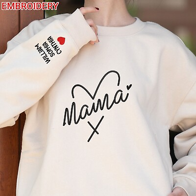 #ad Embroidered Mama Heart Sweatshirt with Kids Name on Sleeve Mother#x27;s Day Gift $39.99