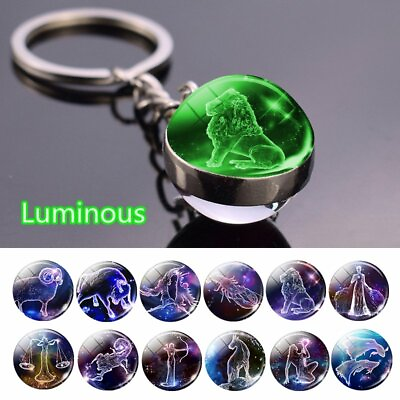 #ad 12 Constellation Luminous Double Keychain Glass Ball Pendant Zodiac Keyring 2022 C $2.90
