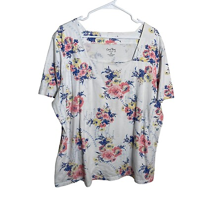 #ad #ad Coral Bay Top Women#x27;s 2X White Colorful Floral Short Sleeve Shirt Square Neck $6.30
