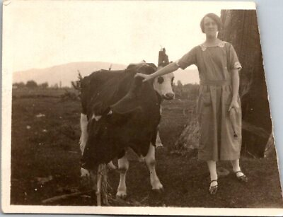#ad Found Photo Farm Woman amp; Cow Someone cut out of Picture Story there 3x2.5quot; $4.95