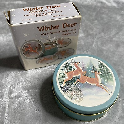 #ad Winter Deer Coaster Set Item No 8174 6 Pieces amp; Reusable Tin Boxed Vintage JSNY $13.60