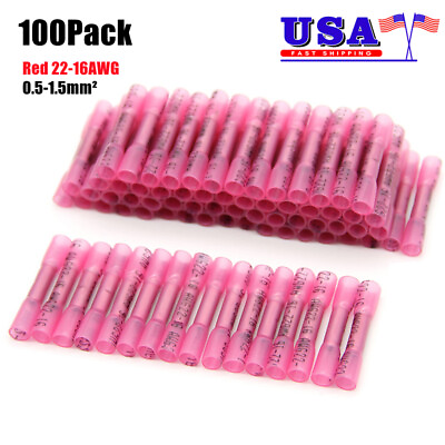 #ad 100Pcs Red Heat Shrink Butt Wire Connectors Crimp Terminals AWG 22 16 Gauge $6.95