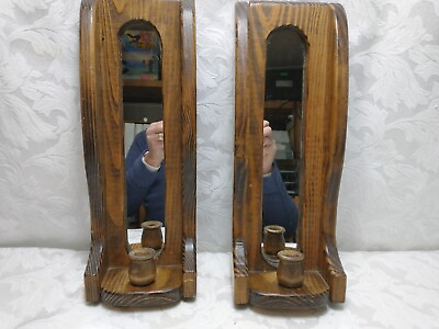 #ad Pair of Vintage Oak Wood Mirrored Wall Sconce Candle Holder Hand Made 15quot; $24.99
