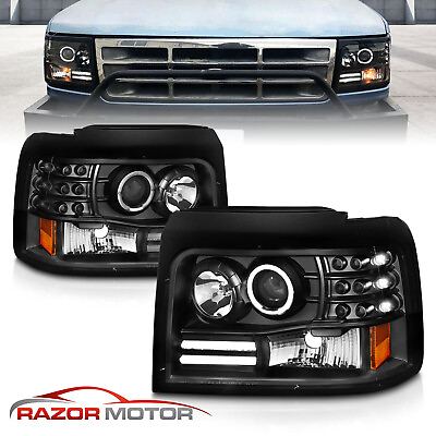 #ad 1992 1996 Projector Black Headlight for Ford Bronco F150 F250 F350 LED Halo $155.72