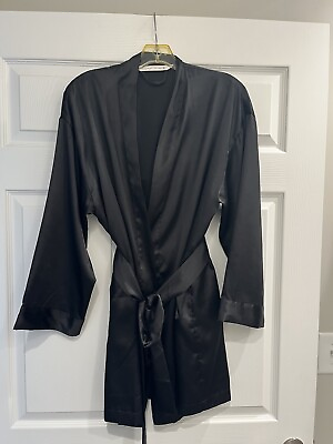 #ad Victoria’s Secret Black Kimono Robe Knee Length One Size Faux Silk satin $26.00