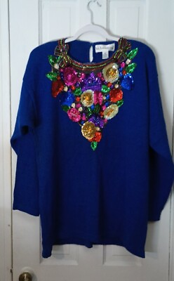 #ad Viki International 80s Vintage Sweater Womens Art L Blue Knit Heavy Sequins C3 $24.00
