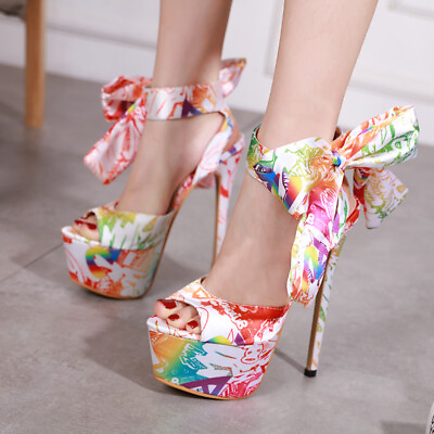 #ad Womens Floral Printed Bandage Lace Up Bow Knot Clubwear Sandals High Heels Shoes $53.05