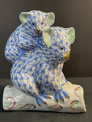 #ad Herend Porcelain Blue Hand painted w 24k Gold Fishnet Pair Of Koalas Mother Cub $390.00