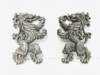#ad PAIR VINTAGE METAL CAST Rampant FIGHTING LIONS Wall Plaques $62.99