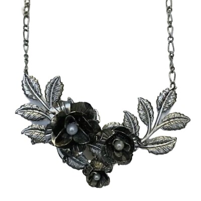 #ad VTG Black Flower Pendant Statement Necklace 20quot; Silver Tone Pearl Cottagecore $42.00