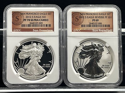 #ad 2012 S REVERSE PROOF SILVER EAGLE NGC RV PF69 amp; PF70 2 COIN SAN FRANCISCO SET $180.00