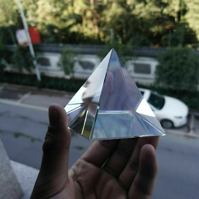 #ad 3D Clear Prism Pyramid Crystal Faceted Glass Fengshui Paperweight Suncatcher $12.59