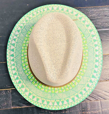 #ad Hand painted summer hat for women size M base color beige with green designs. $84.95