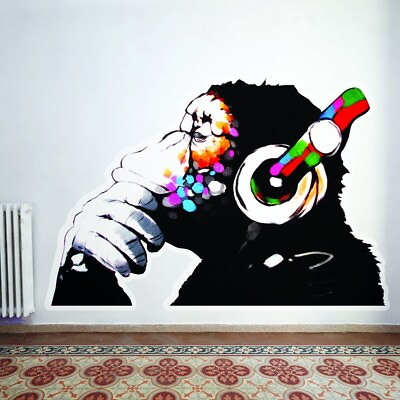 #ad Banksy Thinking Monkey Sticker Art Vinyl Street Dj Wall Decal Headphones Music $106.70