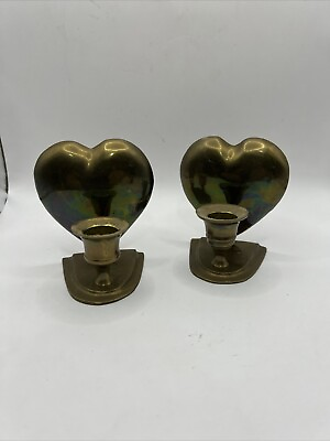 #ad Pair of Vintage Brass Heart Candlestick Holders 3.5” Wide 3.75” Tall $22.00
