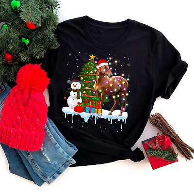 #ad Horse Santa Lover Christmas Light Costume Christmas Snowman T Shirt $21.99