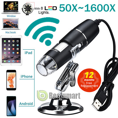 8 LED 500X 1600X WIFI USB Digital Microscope Endoscope Magnifier Camera w Stand $25.97