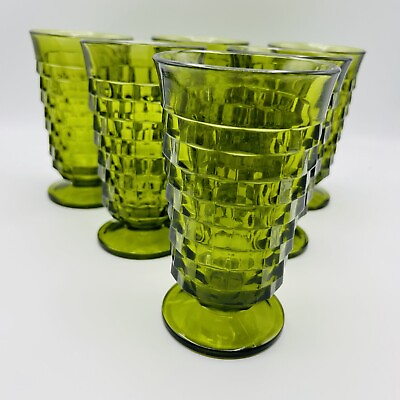 #ad VTG MCM Indiana Glass Whitehall Colony Avocado Green Footed Tea Glasses 6quot; Set 6 $36.95
