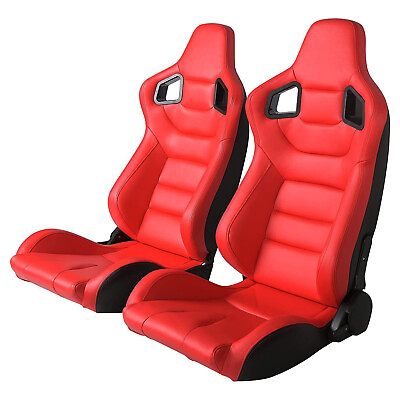 #ad 2 x Car Racing Seats Bucket Sport Reclinabe Seats PVC Leather W Sliders Kit Red $339.00